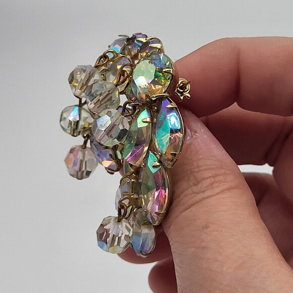 VTG Swirl AB Faceted Dangling Bead Rhinestone Brooch Pin  Gold Tone - Picture 3 of 8